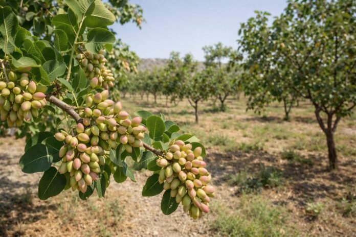 Pistachio trees growing in an experimental orchard in Pakistan with clusters of pistachio nuts on branches