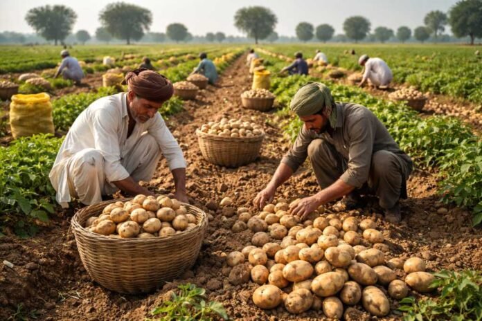 Farmers harvesting potatoes in a large agricultural field in Pakistan