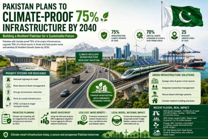 Infographic showing Pakistan’s plan to climate-proof 75% of major infrastructure by 2040 through resilient highways, CPEC routes, green urban systems, and climate-smart development projects.